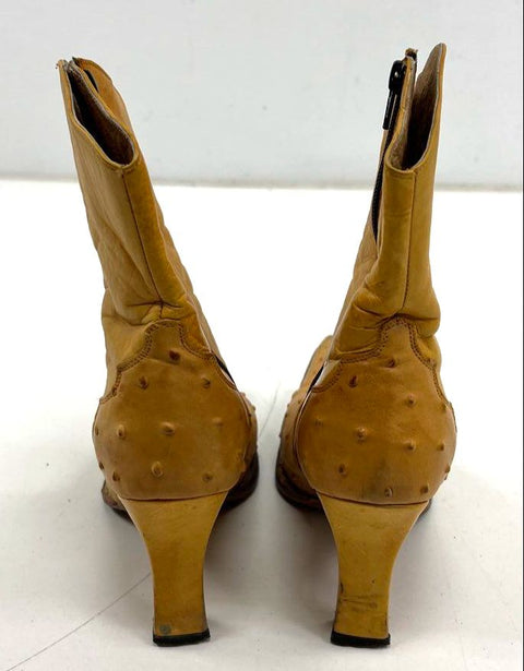Y2K Soto Boots Tan Full Quill Ostrich Leather Heeled Ankle Boots Size 9.5