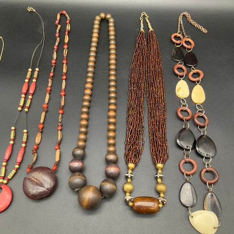 Boho Tribal Mixed Costume Jewelry Lot 6 Necklaces Wood Seed Bead Organic Style