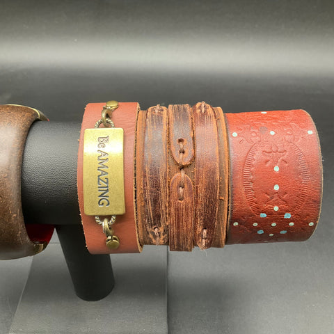 Mixed Costume Jewelry Lot 8 Pcs Leather Cuffs Wood Bangle Fur Style Wrap Star