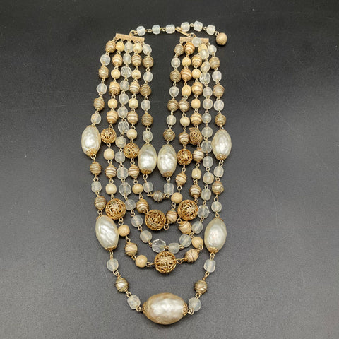 Vintage Kramer Gold Tone Multi-Strand Faux Baroque Pearl Glass Bead Necklace