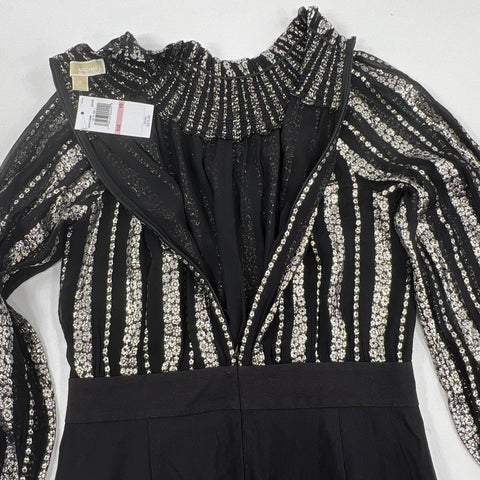 Michael Kors Women's Metallic-Stripe Smocked Jumpsuit Black Silver NWT Sz 10