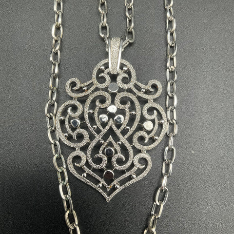 Vintage Crown Trifari Silver Tone Filigree Scroll Rhinestone Pendant Necklace