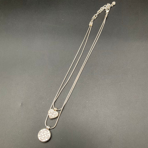 Brighton Silver Tone Rhinestone Heart Round Pendant Double Snake Chain Necklace