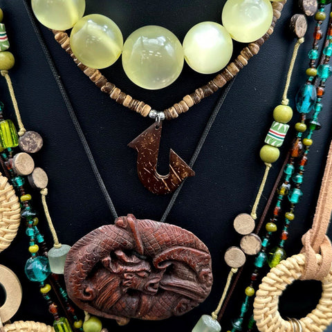 Boho Tribal Earthy Necklace Jewelry Lot of 9 Carved Dragon Tree of Life Beads
