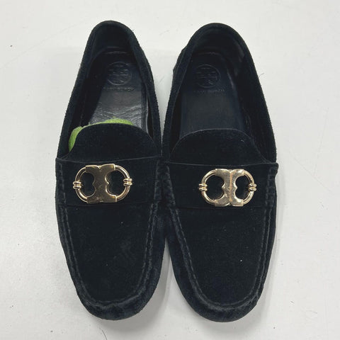 Tory Burch Howell Court Black Suede Gold Logo Driving Loafers Women's Size 7