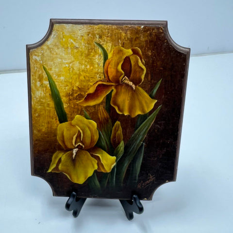 R. Scranton Oil on Wood Panel Painting Yellow Iris Floral Signed 12x10.5 Art