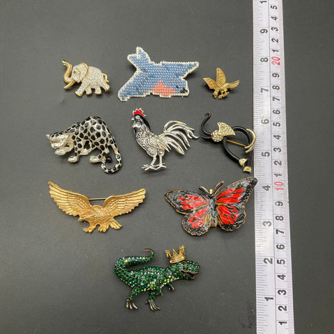 Animal Brooch Jewelry Lot of 9 Vintage and Modern T-Rex Eagle Leopard Elephant