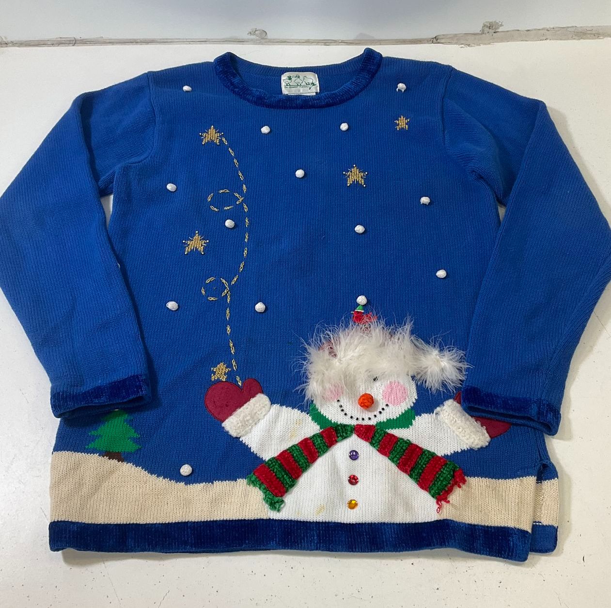 Vintage 90s The Quacker Factory Ugly Christmas Sweater 3D Snowman Blue Size M