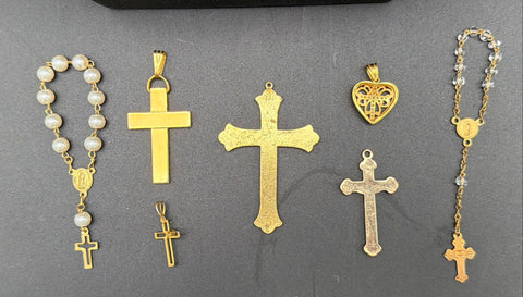 Religious Costume Jewelry Lot 15pc Gold Tone Crosses Mustard Seed Locket