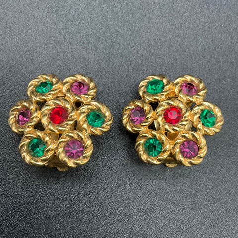 Vintage Swarovski Gold Tone Multi Color Crystal Floral Clip On Earrings 1"