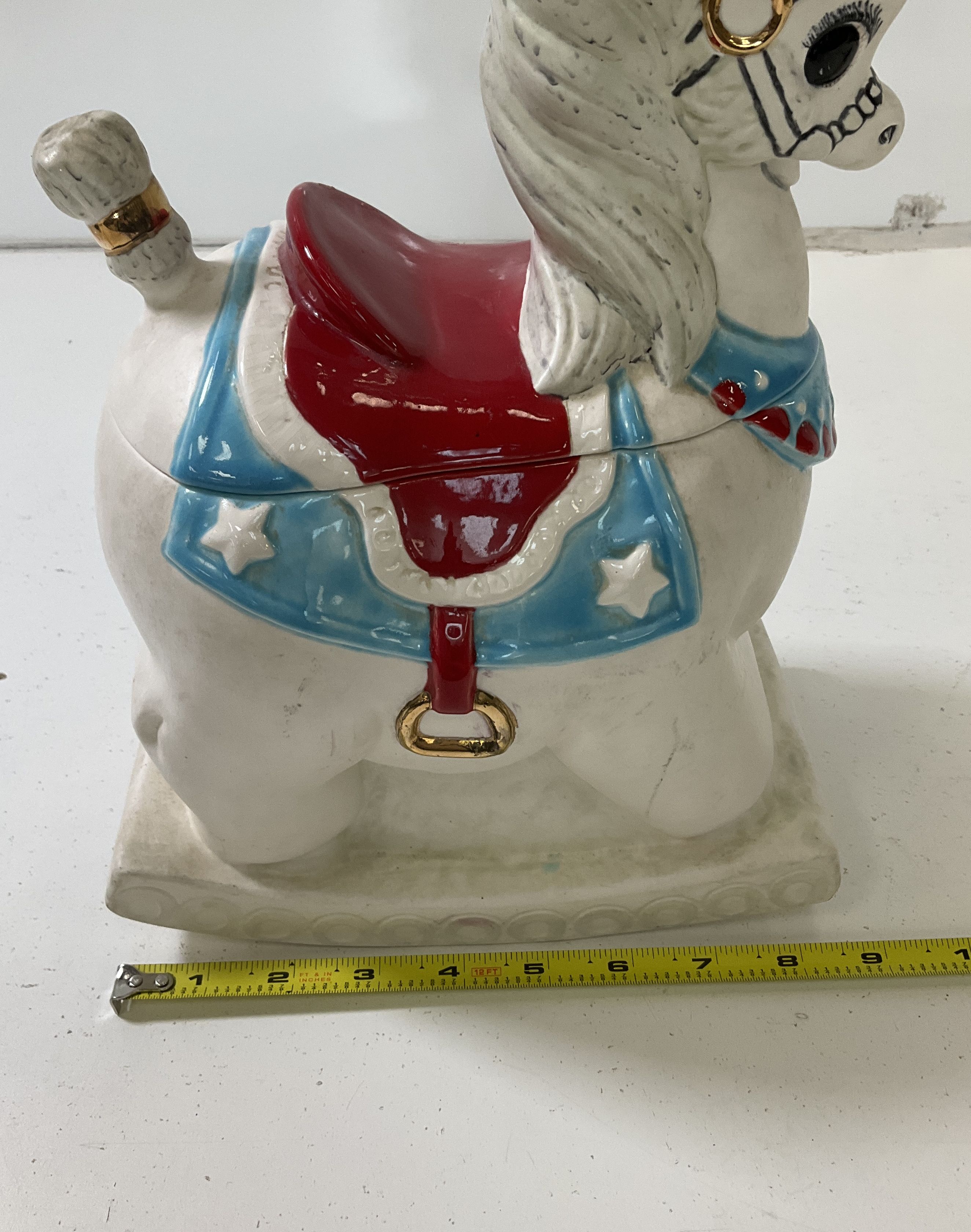 Vintage Alberta's Bisque Rocking Horse Cookie Jar White Red Blue Hand Painted
