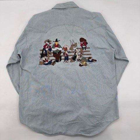 Vintage 1995 Looney Tunes Warner Bros Wild West Striped Western Shirt Sz L