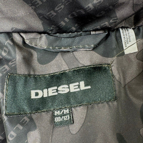Diesel Kids Black Gray Camo Puffer Coat Faux Fur Hood Parka Sz M 10/12