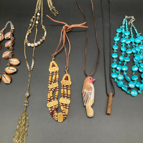 Bohemian Eclectic Costume Jewelry Lot of 9 Necklaces Shell Wood Beaded Tassel