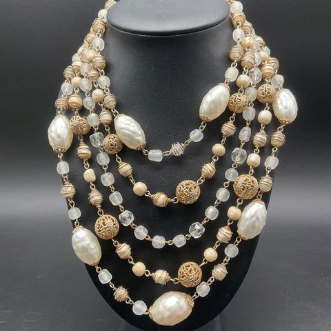 Vintage Kramer Gold Tone Multi-Strand Faux Baroque Pearl Glass Bead Necklace