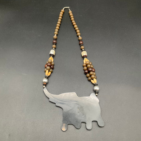 Vintage Elephant Statement Necklace Beaded Wood Inlay Boho Folk Art 24"