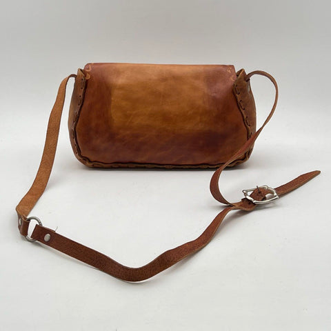 Vintage 70s Hand Tooled Leather Floral Hummingbird Crossbody Shoulder Bag Tan