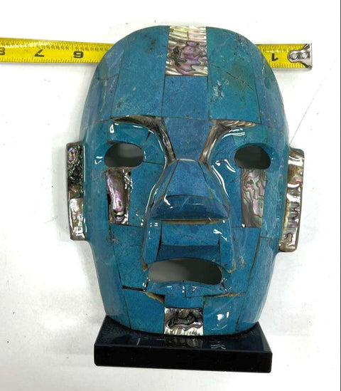 Vintage Aztec Mayan Style Mosaic Mask Blue Stone & Abalone Sculpture 8.5" Folk