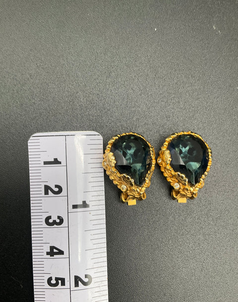 Vintage Alice Caviness Gold Tone Blue Glass Teardrop Clip Earrings Signed