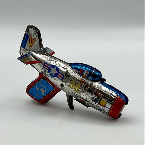 Vintage Tin Litho Jet Airplane Toy Pistol Sparker 7 Inch United States Star