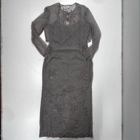 Adrianna Papell Occasions Women's Gray Silk Beaded Gown Bolero Set Size P12
