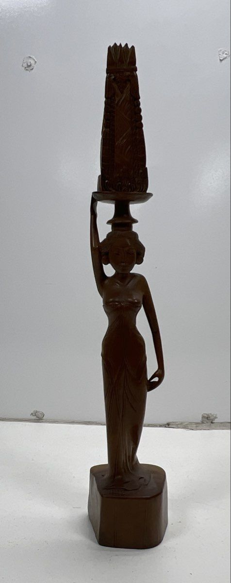 Vintage Balinese Hand Carved Wood Goddess Statue Woman Carrying Offering 23"