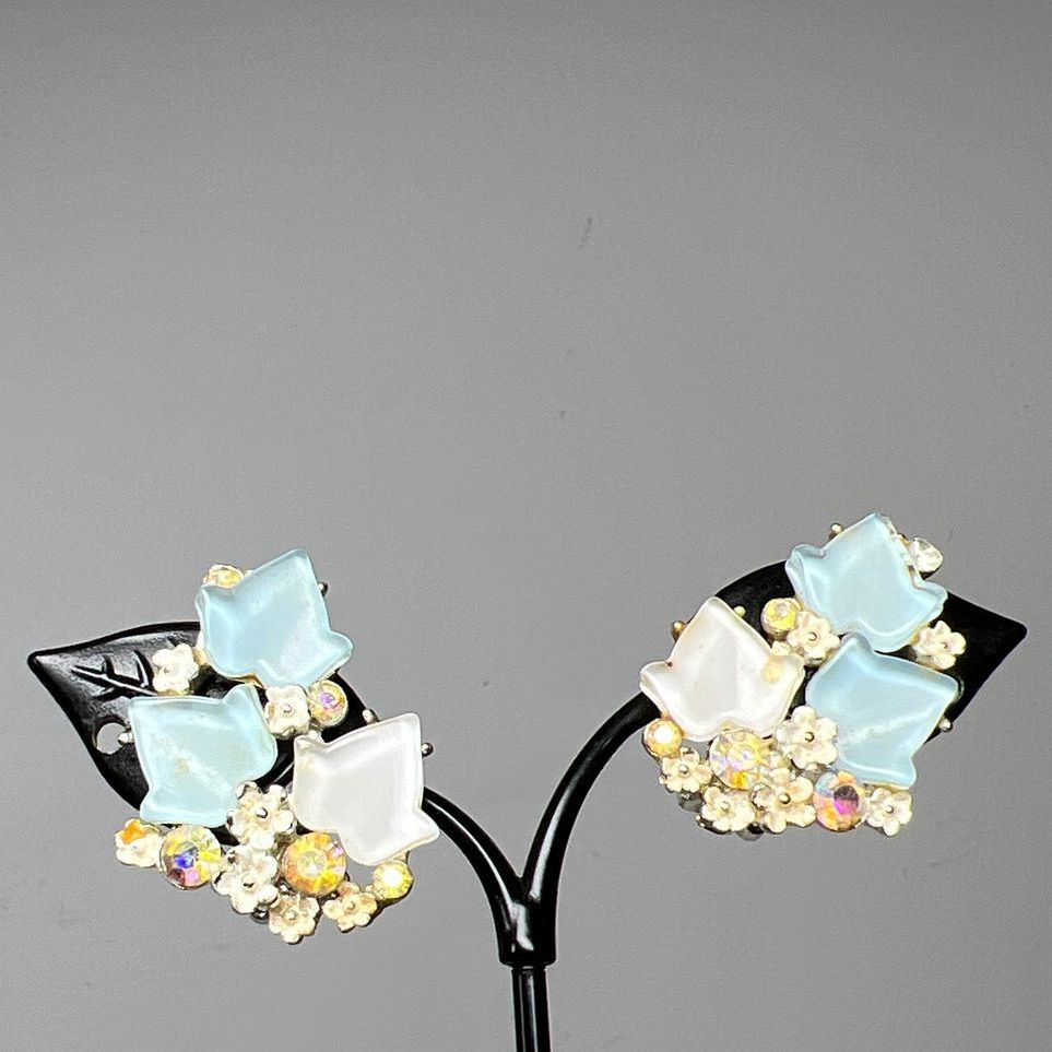 Vintage BSK Blue Leafy Floral Clip On Earrings