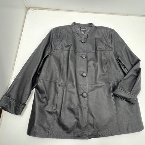 Maggie Barnes Women's Black Genuine Leather Button Front Car Coat Jacket Plus 4X