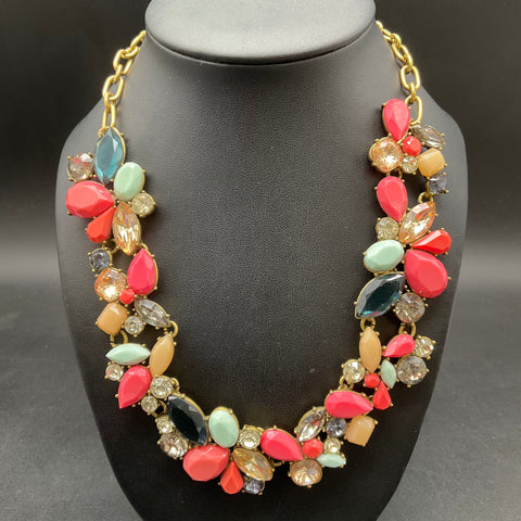 J. Crew Gold Tone Multicolored Faceted Stone Bib Cluster Statement Necklace 18"