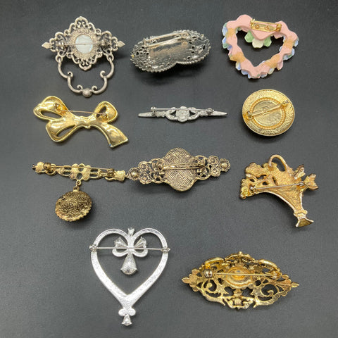 Victorian Revival Style Costume Jewelry Lot 11 Brooches Faux Pearl Enamel