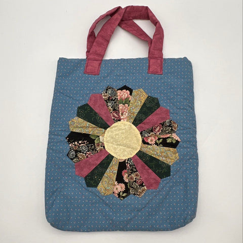 Vintage Dresden Plate Patchwork Quilted Blue Fabric Floral Tote Handbag