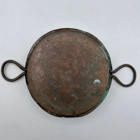Vintage Copper Pot Primitive Rustic Verdigris Patina Iron Handles 11" Bowl
