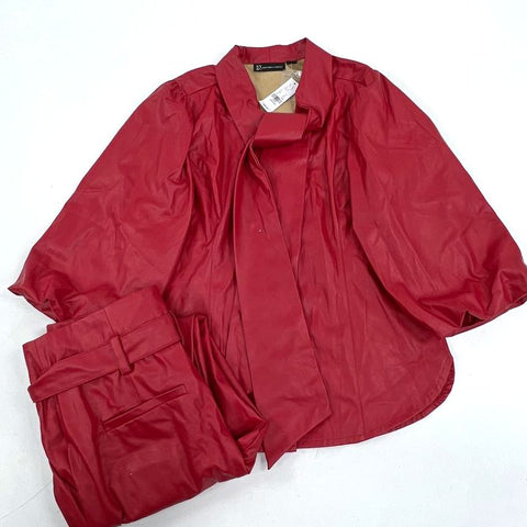 NWT NY&C Red Faux Leather Tie Neck Pant Suit Set Women's M Top 10 Pants