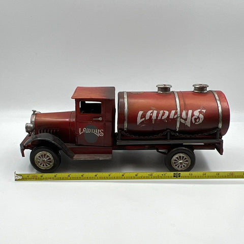 Laddy's Vintage Tin Tanker Truck Red Metal Gasoline Transport 16 Inch