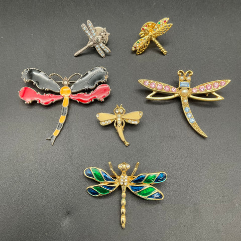 Vintage Dragonfly Brooch Pin Lot of 6 Rhinestone Enamel Gold Silver Tone