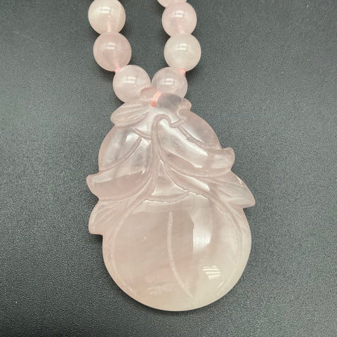 Rose Quartz Beaded Necklace with Carved Peach Fruit Pendant Pink Gemstone 15.5"