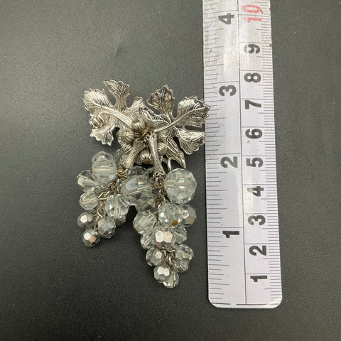 Vintage Silver Tone Crystal Grape Cluster Brooch & Clip-On Earrings Set