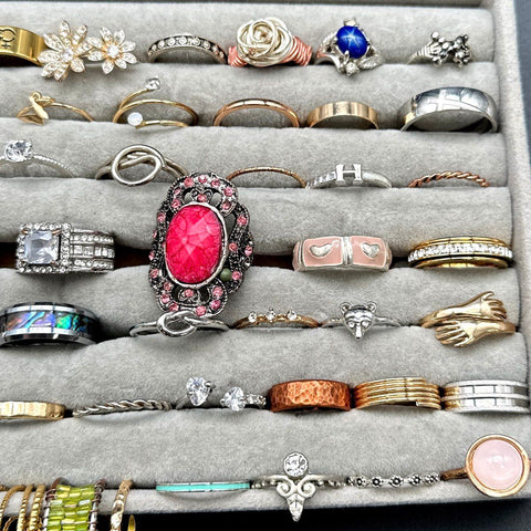 Fashion Rings Costume Jewelry Lot of 55 Statement Bands Rhinestone Enamel Mixed
