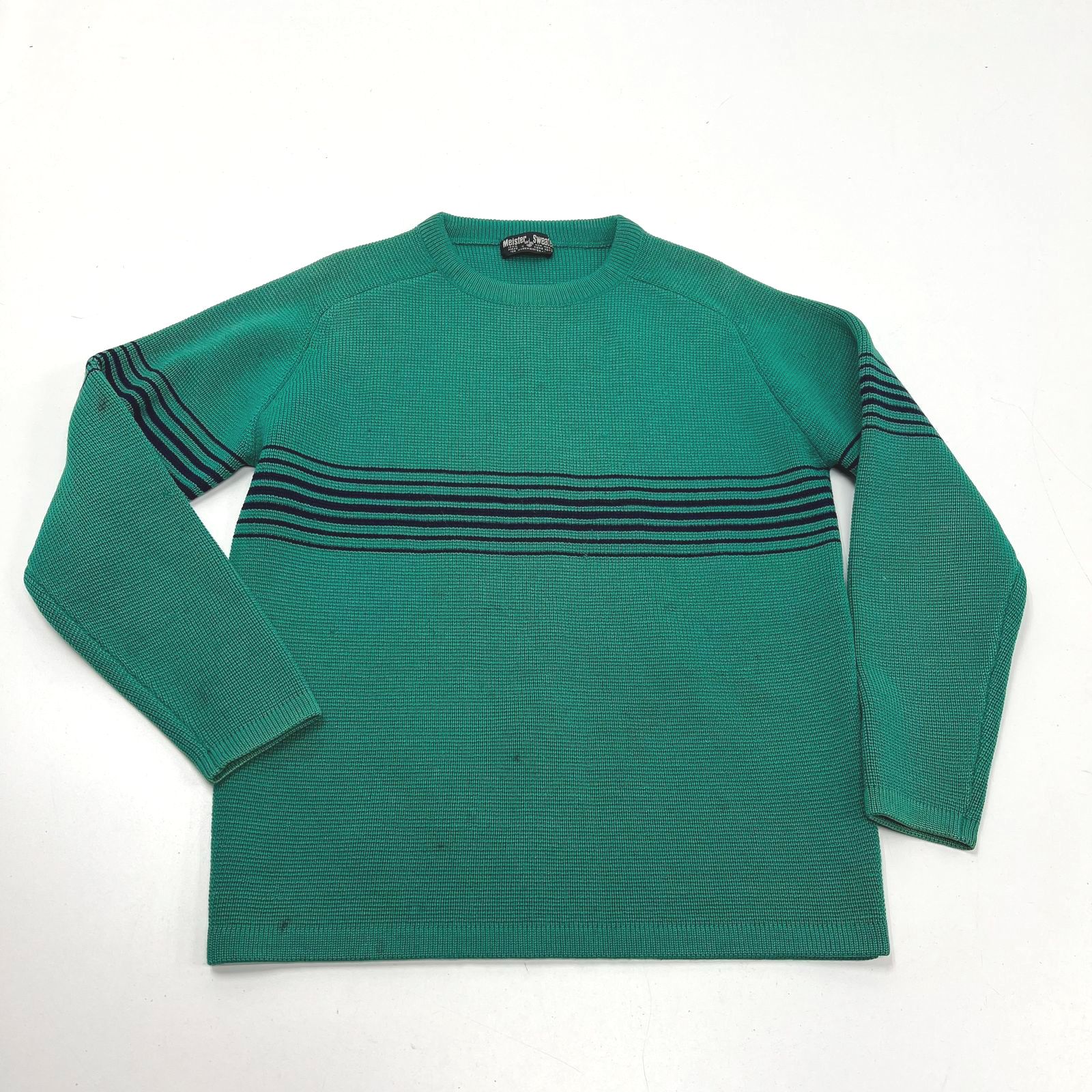 Vintage 80s Meister 100% Wool Sweater Green Striped Waffle Knit Men's