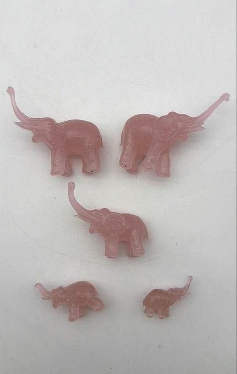 Art Glass Elephant Figurine Set 5 Piece Lot Pink Trunk Up Luck Vintage Style