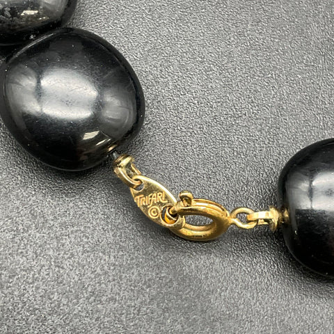 Vintage Signed Trifari Black Enamel Beaded Necklace Gold Tone Statement 18"