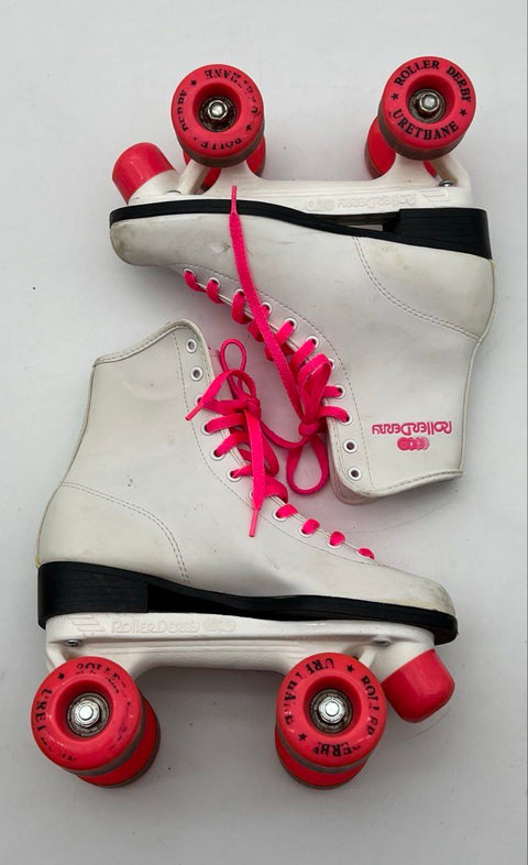 Vintage 80s Roller Derby White Pink Quad Roller Skates Women's Size 5