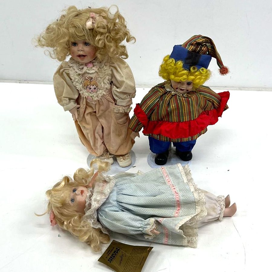 Seymour Mann 1992 Doll + Porcelain Clown Lot of 3 Vintage Collector Dolls