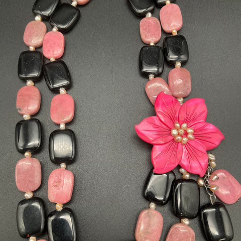 Double Strand Rhodonite Onyx Stone Pearl Carved Flower Statement Necklace