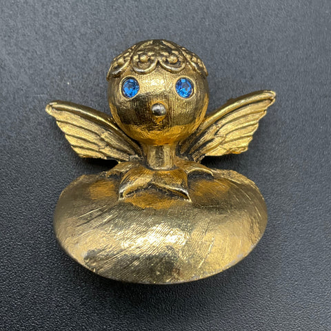 Vintage 1960s Tortolani Gold Tone Blue Rhinestone Angel Brooch Double Pin