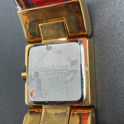 Joan Rivers Classics Gold Tone Red Plaid Cuff Bracelet Watch New Battery