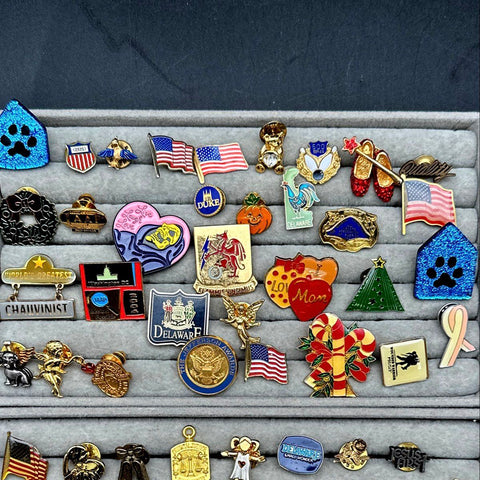 Vintage Lapel Pin Lot 50 Pcs Mixed Themes Holiday Patriotic Enamel Wood