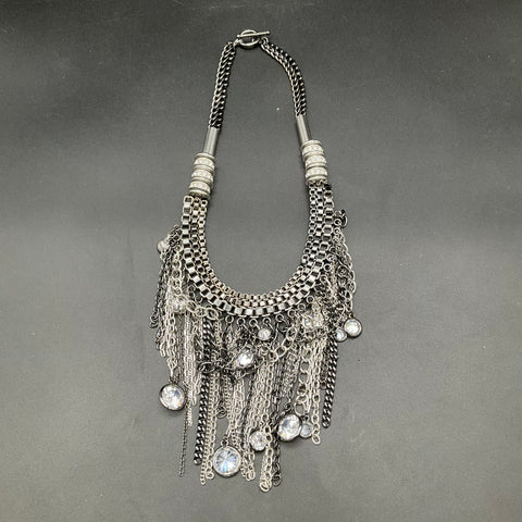 Heavy Mesh Rhinestone Gunmetal Tone Statement Fringe Bib Necklace 18"