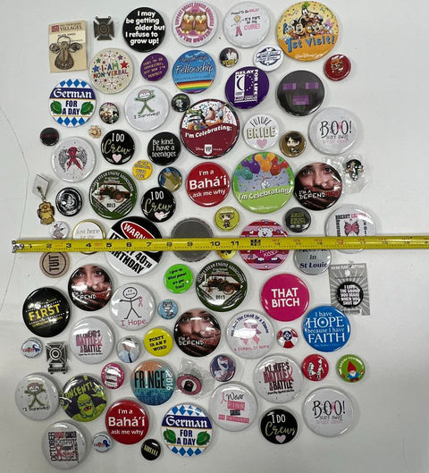 Lot of 85+ Pinback Buttons Enamel Lapel Pins Disney Novelty Humor Awareness