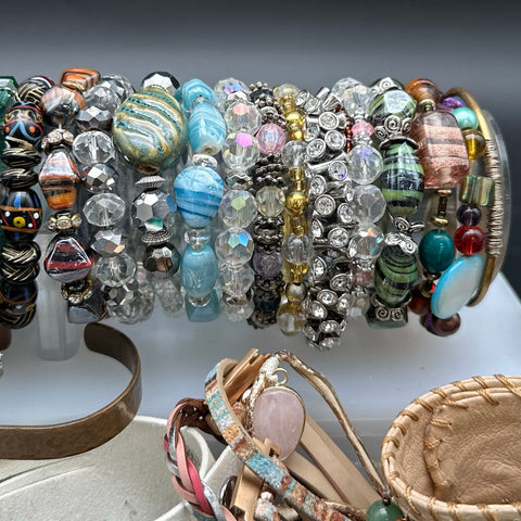 Vintage to Modern Costume Jewelry Lot of 40+ Bracelets Bangles Cuffs Beaded Boho